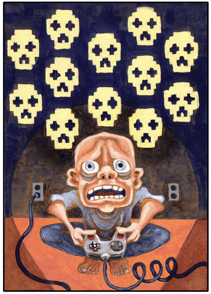 Painting of lemon yellow video game skulls descending upon a bald video game player clutching his controller, the cord of which is coiled as if to exclaim "eeeeee!"