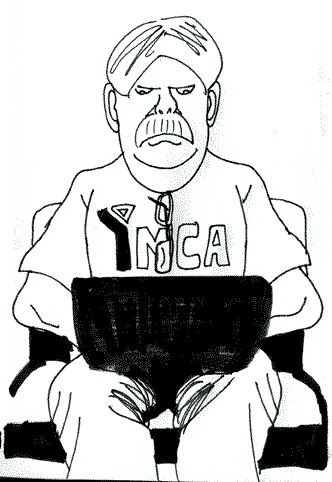 A middle-aged white male with a large white mustache and hair parted in the center types angrily on his laptop computer while sporting a YMCA t-shirt with reading glasses hung from the neck hole.