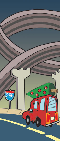 A colorful red car hauls a Christmas tree with red baubles down an interstate underpass on I-285.