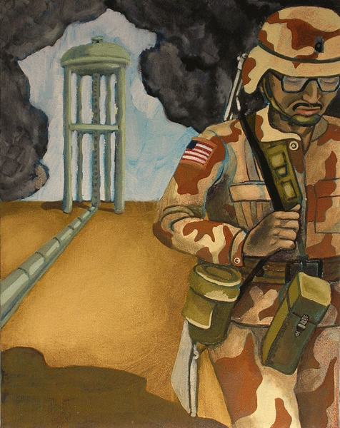 A downtrodden American soldier in desert fatigues walks off the right edge of the picture plane as smoke fills the sky around a desert water tower.